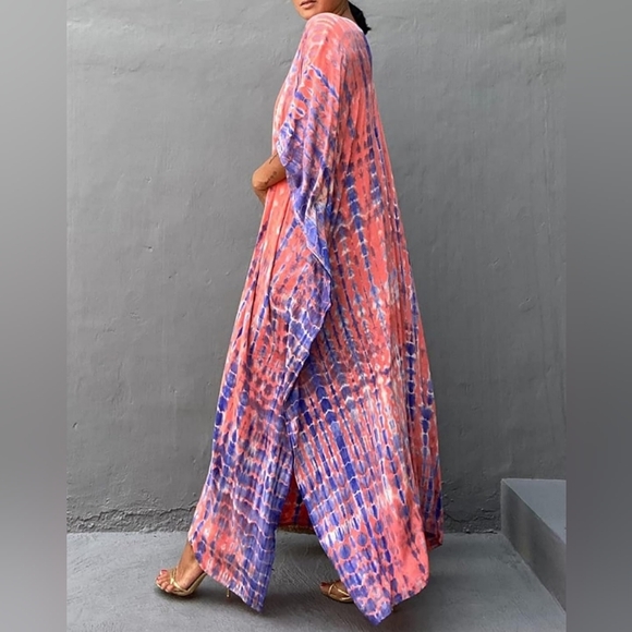 Pink Lavender Tie Dye Hippie Kaftan Long Loose Maxi V Dress Bohemian Dyed Caftan - Picture 1 of 8